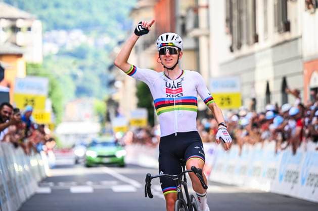 Tour de Suisse 2026 Stage 1 SONDRIO, ITALY - JUNE 17 : Pogacar Tadej (SLO) of UAE Team Emirates XRG celebrating his victory during stage 1 of the 89th edition of Tour de Suisse an UCI World Tour 2.UWT cycling road race stage for Men Elite of 144 km with start in Sondrio and finish in Sondrio on June 17, 2026 in Sondrio, Italy, 17 06 2026 ( Motordriver Guy De Vuyst - Sondrio Italy  Copyright: xVincentxKalutx