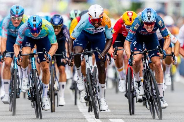 Eritrean Biniam Girmay of NSN Cycling Team and Belgian Tim Merlier of Soudal Quick-Step sprint to the finish of stage 1 of the Baloise Belgium Tour cycling race, 187,9 km with start and finish in Scherpenheuvel-Zichem, Wednesday 17 June 2026. The Baloise Belgium Tour takes place from 17 to 21 June. JASPERxJACOBS  x177943958x