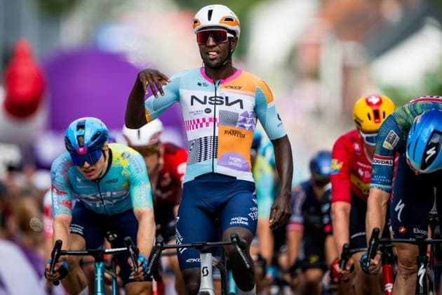 Eritrean Biniam Girmay of NSN Cycling Team celebrates as he crosses the finish line to win stage 1 of the Baloise Belgium Tour cycling race, 187,9 km with start and finish in Scherpenheuvel-Zichem, Wednesday 17 June 2026. The Baloise Belgium Tour takes place from 17 to 21 June. JASPERxJACOBS  x177944875x