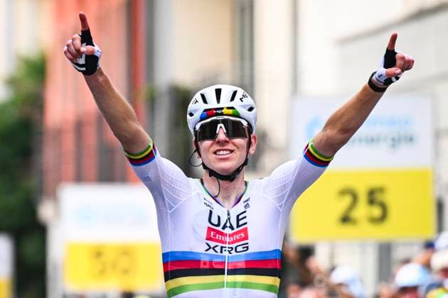 Tour de Suisse 2026 Stage 1 SONDRIO, ITALY - JUNE 17 : Pogacar Tadej (SLO) of UAE Team Emirates XRG celebrating his victory during stage 1 of the 89th edition of Tour de Suisse an UCI World Tour 2.UWT cycling road race stage for Men Elite of 144 km with start in Sondrio and finish in Sondrio on June 17, 2026 in Sondrio, Italy, 17 06 2026 ( Motordriver Guy De Vuyst - Sondrio Italy  Copyright: xVincentxKalutx