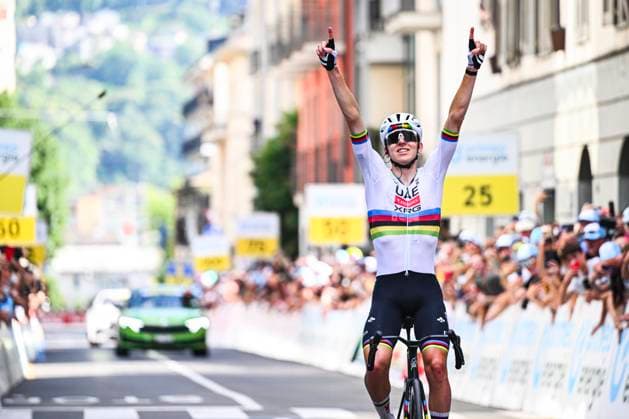 Tour de Suisse 2026 Stage 1 SONDRIO, ITALY - JUNE 17 : Pogacar Tadej (SLO) of UAE Team Emirates XRG celebrating his victory during stage 1 of the 89th edition of Tour de Suisse an UCI World Tour 2.UWT cycling road race stage for Men Elite of 144 km with start in Sondrio and finish in Sondrio on June 17, 2026 in Sondrio, Italy, 17 06 2026 ( Motordriver Guy De Vuyst - Sondrio Italy  Copyright: xVincentxKalutx