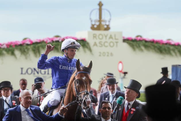 17.06.2026, Ascot, Windsor, GBR - Ombudsman with William Buick up after winning the Prince Of Wales s Stakes. Ascot racecourse. (Pferd, Jockey, Ombudsman, Buick, Sieg) 260617D576ROYAL_ASCOT.JPG