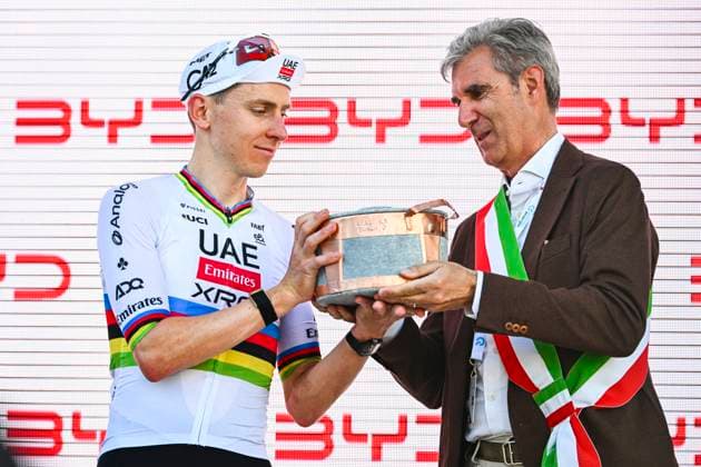 Tour de Suisse 2026 Stage 1 SONDRIO, ITALY - JUNE 17 : Pogacar Tadej (SLO) of UAE Team Emirates XRG on the podium during stage 1 of the 89th edition of Tour de Suisse an UCI World Tour 2.UWT cycling road race stage for Men Elite of 144 km with start in Sondrio and finish in Sondrio on June 17, 2026 in Sondrio, Italy, 17 06 2026 ( Motordriver Guy De Vuyst - Sondrio Italy  Copyright: xVincentxKalutx