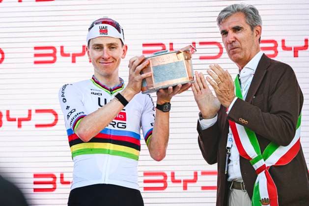 Tour de Suisse 2026 Stage 1 SONDRIO, ITALY - JUNE 17 : Pogacar Tadej (SLO) of UAE Team Emirates XRG on the podium during stage 1 of the 89th edition of Tour de Suisse an UCI World Tour 2.UWT cycling road race stage for Men Elite of 144 km with start in Sondrio and finish in Sondrio on June 17, 2026 in Sondrio, Italy, 17 06 2026 ( Motordriver Guy De Vuyst - Sondrio Italy  Copyright: xVincentxKalutx