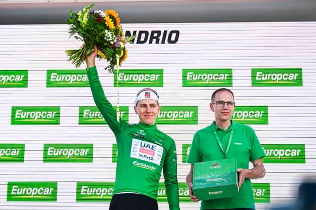 Tour de Suisse 2026 Stage 1 SONDRIO, ITALY - JUNE 17 : Pogacar Tadej (SLO) of UAE Team Emirates XRG on the podium during stage 1 of the 89th edition of Tour de Suisse an UCI World Tour 2.UWT cycling road race stage for Men Elite of 144 km with start in Sondrio and finish in Sondrio on June 17, 2026 in Sondrio, Italy, 17 06 2026 ( Motordriver Guy De Vuyst - Sondrio Italy  Copyright: xVincentxKalutx