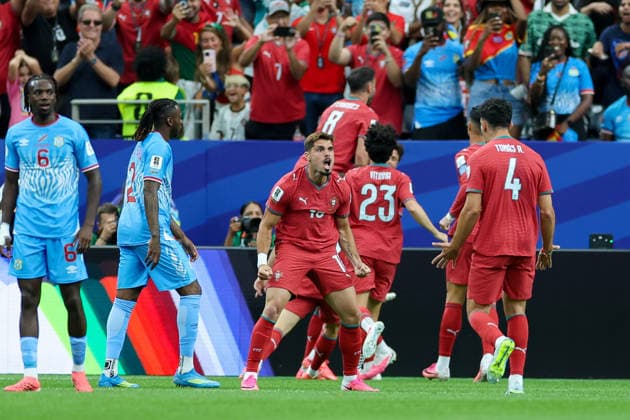 Joao Neves (Portugal) celebrates after scoring his team s first goal with teammates during the FIFA World Cup, WM, Weltmeisterschaft, Fussball 2026 Group K match between Portugal and Congo DR at Houston Stadium on June 17, 2026 in Houston, United States. (Photo by Torbjorn Tande DeFodi Images) -