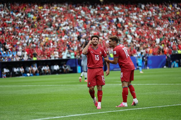 Joao Neves seen celebrating after scoring goal during FIFA World Cup, WM, Weltmeisterschaft, Fussball 2026 game between national teams of Portugal and DR Congo (Grzegorz Wajda Ball Raw Images) Arlington Dallas Stadium USA Copyright: xGrzegorzxWajdax grzegorzawajda_portugal_drcongo_2526_1-10