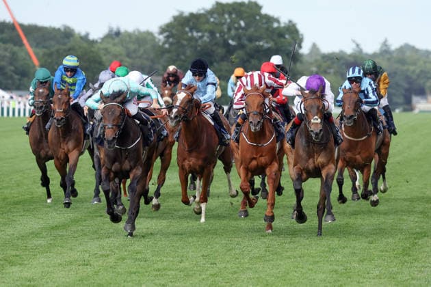 17.06.2026, Ascot, Windsor, GBR - Alobayyah (third from left) with Tom Marquand up wins the Kensington Palace Stakes. Ascot racecourse. (Pferd, Jockey, Alobayyah, Marquand, Sieg, Ziel, Zielankunft) 260617D606ROYAL_ASCOT.JPG