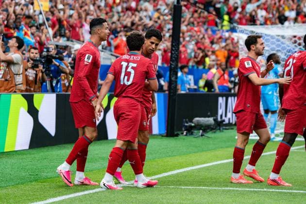 FIFA Fussball Weltmeisterschaft 2026, Gruppe K, Spiel 1, Portugal vs. DR Kongo, 17.06.2026 im NRG Stadium in Houton, Texas Tor zum 1:0 durch Joao Neves mit Cristiano Ronaldo Pedro Neto Tomas Araujo Renato Veiga Cristiano Ronaldo
