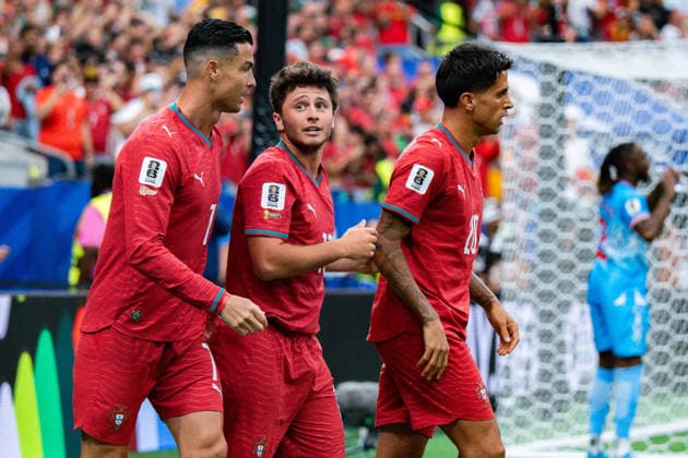 FIFA Fussball Weltmeisterschaft 2026, Gruppe K, Spiel 1, Portugal vs. DR Kongo, 17.06.2026 im NRG Stadium in Houton, Texas Tor zum 1:0 durch Joao Neves mit Cristiano Ronaldo Pedro Neto Tomas Araujo Renato Veiga Cristiano Ronaldo