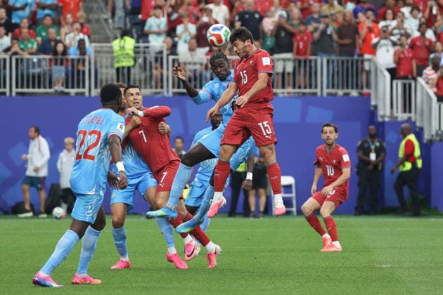 FIFA World Cup, WM, Weltmeisterschaft, Fussball 2026 - Group K - Portugal vs DR Congo Joao Neves (up) of Portugal heads the ball during the FIFA World Cup 2026 group stage match between Portugal and DR Congo, in Houston, Texas, USA, 17 June 2026. Houston United States  Copyright: xMIGUELxA.xLOPESx