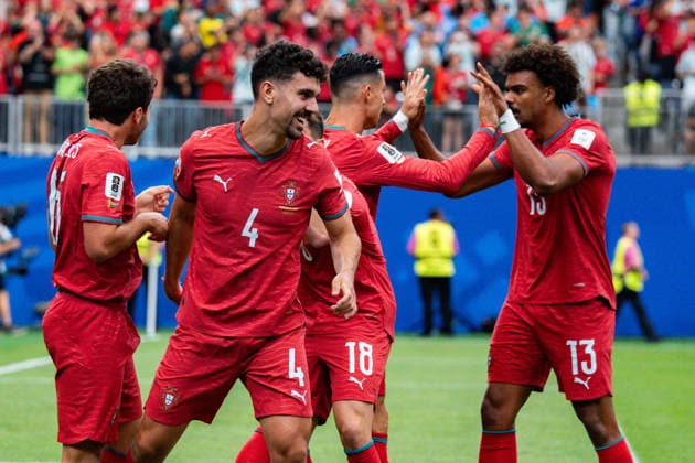 FIFA Fussball Weltmeisterschaft 2026, Gruppe K, Spiel 1, Portugal vs. DR Kongo, 17.06.2026 im NRG Stadium in Houton, Texas Tor zum 1:0 durch Joao Neves mit Cristiano Ronaldo Pedro Neto Tomas Araujo Renato Veiga Cristiano Ronaldo