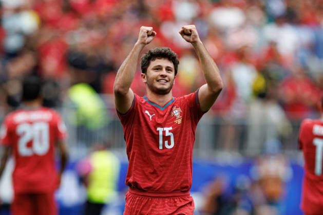Joao Neves seen celebrating after scoring goal during FIFA World Cup, WM, Weltmeisterschaft, Fussball 2026 game between national teams of Portugal and DR Congo (Grzegorz Wajda Ball Raw Images) Arlington Dallas Stadium USA Copyright: xGrzegorzxWajdax grzegorzwajda_portugal_congo_2526_3-5