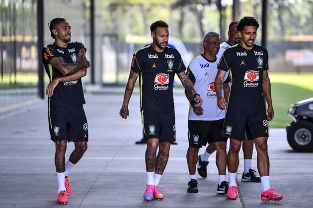 Raphinha, Neymar and Marquinhos enter training at their New Jersey base the Columbia Park Training Facility in Morristown, NJ, United States. (Photo by Rebekah Wynkoop SPP)  Copyright: xRebekahxWynkoop SPPx Sportspressphoto_SPR168568
