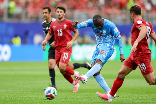 Edo Kayembe (Congo DR) controls the ball during the FIFA World Cup, WM, Weltmeisterschaft, Fussball 2026 Group K match between Portugal and Congo DR at Houston Stadium on June 17, 2026 in Houston, United States. (Photo by Torbjorn Tande DeFodi Images) -