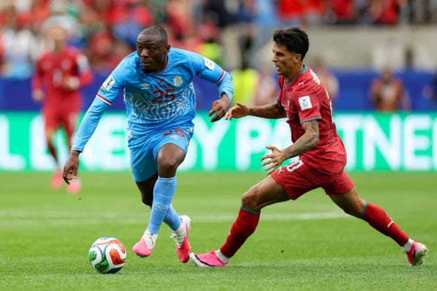 Edo Kayembe (Congo DR) und Joao Cancelo (Portugal) battle for the ball during the FIFA World Cup, WM, Weltmeisterschaft, Fussball 2026 Group K match between Portugal and Congo DR at Houston Stadium on June 17, 2026 in Houston, United States. (Photo by Torbjorn Tande DeFodi Images) -