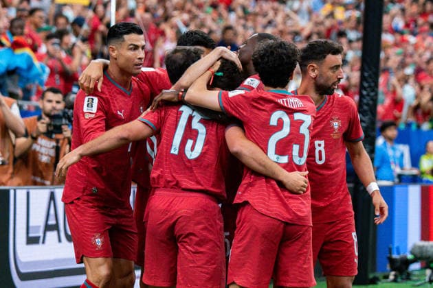 FIFA Fussball Weltmeisterschaft 2026, Gruppe K, Spiel 1, Portugal vs. DR Kongo, 17.06.2026 im NRG Stadium in Houton, Texas Tor zum 1:0 durch Joao Neves mit Cristiano Ronaldo Pedro Neto Tomas Araujo Renato Veiga Cristiano Ronaldo