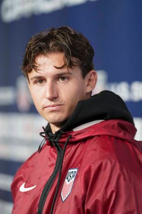 US striker Brenden Aaronson takes part in a press conference, PK, Pressekonferenz in Seattle, United States, 17 June 2026. USA will face Australia in their 2026 World Cup Group D soccer match on 19 June. USA s presser !ACHTUNG: NUR REDAKTIONELLE NUTZUNG!  Copyright: xOmarxAlonsox GRAF274 20260617-55020625979_1