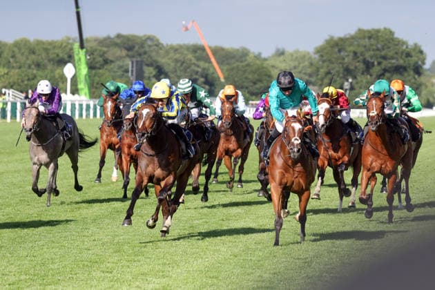 17.06.2026, Ascot, Windsor, GBR - King Of Cloughan with Billy Loughnane (yellow cap) up wins the Windsor Castle Stakes. Ascot racecourse. (Pferd, Jockey, King of Cloughan, Loughnane, Sieg, Ziel, Zielankunft) 260617D609ROYAL_ASCOT.JPG