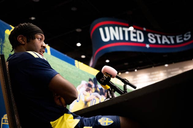 260617 Anthony Elanga of the Swedish men s national football team in the mixed zone after a training session during day 7 of the FIFA World Cup, WM, Weltmeisterschaft, Fussball 2026 on June 17, 2026 in Dallas. Photo: Petter Arvidson BILDBYRAN kod PA PA1239 fotboll football soccer fotball vm fotbolls-vm fotball-vm fotbolls-vm 2026 fifa world cup 2026 mixed zone sverige sweden sverige a day 7 bbeng