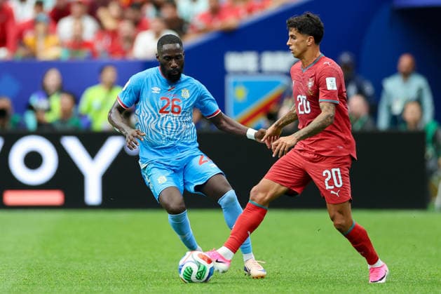 Arthur Masuaku (Congo DR) und Joao Cancelo (Portugal) battle for the ball during the FIFA World Cup, WM, Weltmeisterschaft, Fussball 2026 Group K match between Portugal and Congo DR at Houston Stadium on June 17, 2026 in Houston, United States. (Photo by Torbjorn Tande DeFodi Images) -
