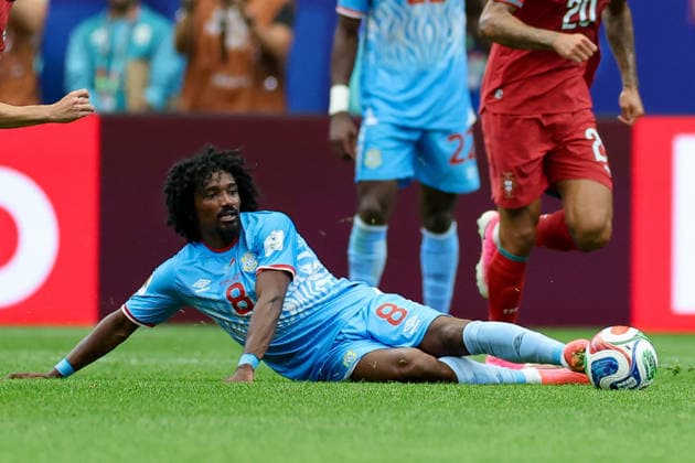 Samuel Moutoussamy (Congo DR) controls the ball during the FIFA World Cup, WM, Weltmeisterschaft, Fussball 2026 Group K match between Portugal and Congo DR at Houston Stadium on June 17, 2026 in Houston, United States. (Photo by Torbjorn Tande DeFodi Images) -