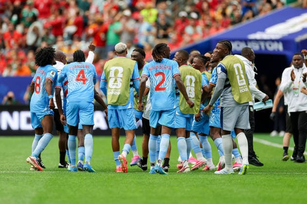 Yoane Wissa (Congo DR) celebrates after scoring his team s first goal with teammates during the FIFA World Cup, WM, Weltmeisterschaft, Fussball 2026 Group K match between Portugal and Congo DR at Houston Stadium on June 17, 2026 in Houston, United States. (Photo by Torbjorn Tande DeFodi Images) -