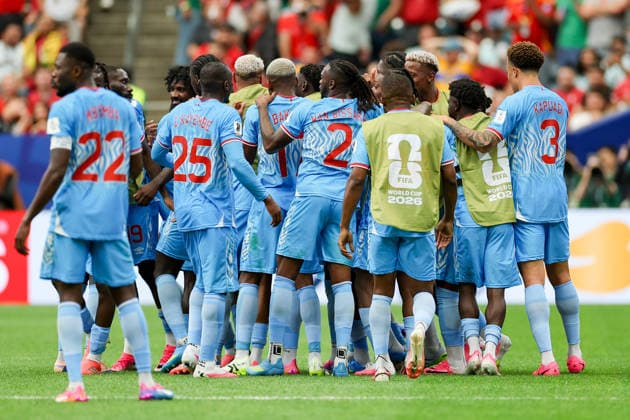 Yoane Wissa (Congo DR) celebrates after scoring his team s first goal with teammates during the FIFA World Cup, WM, Weltmeisterschaft, Fussball 2026 Group K match between Portugal and Congo DR at Houston Stadium on June 17, 2026 in Houston, United States. (Photo by Torbjorn Tande DeFodi Images) -