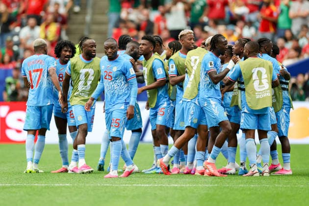 Yoane Wissa (Congo DR) celebrates after scoring his team s first goal with teammates during the FIFA World Cup, WM, Weltmeisterschaft, Fussball 2026 Group K match between Portugal and Congo DR at Houston Stadium on June 17, 2026 in Houston, United States. (Photo by Torbjorn Tande DeFodi Images) -