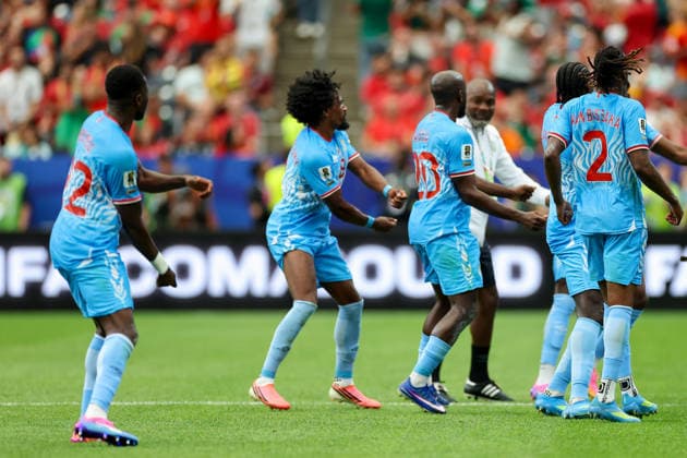 Yoane Wissa (Congo DR) celebrates after scoring his team s first goal with teammates during the FIFA World Cup, WM, Weltmeisterschaft, Fussball 2026 Group K match between Portugal and Congo DR at Houston Stadium on June 17, 2026 in Houston, United States. (Photo by Torbjorn Tande DeFodi Images) -