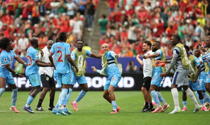 (260618) -- HOUSTON, June 18, 2026 -- Members of the Democratic Republic of the Congo (DRC) celebrate a goal during the group K match between Portugal and the Democratic Republic of the Congo (DRC) at the 2026 FIFA World Cup, WM, Weltmeisterschaft, Fussball at Houston Stadium in Houston, the United States, June 17, 2026. ) (SP)U.S.-HOUSTON-FOOTBALL-FIFA WORLD CUP-GROUP K-POR VS COD ZhangxChen 