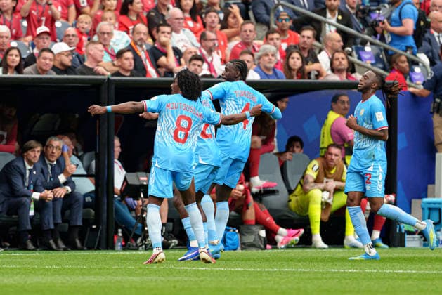 Players of DR Congo seen celebrating after goal during FIFA World Cup, WM, Weltmeisterschaft, Fussball 2026 game between national teams of Portugal and DR Congo (Alejandro Espino Ball Raw Images) Arlington Dallas Stadium USA Copyright: xAlejandroxEspinox alejandroespino_portugal_congo_2526_4-27