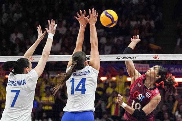 FIVB Women s Nations League 2026. Svitlana Dorsman and Daria Sharhorodska of Ukraine and Ajcharaporn Kongyot of Thailand in action during the FIVB Women s Volleyball Nations League match between Thailand and Ukraine in Bangkok, Thailand, on June 17, 2026. Bangkok Bangkok Thailand  Copyright: xAnusakxLaowilasx originalFilename:laowilas-notitle260617_npHzL.jpg
