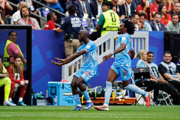 Yoane Wissa and Samuel Moutoussamy seen celebrating after scoring goal during FIFA World Cup, WM, Weltmeisterschaft, Fussball 2026 game between national teams of Portugal and DR Congo (Grzegorz Wajda Ball Raw Images) Arlington Dallas Stadium USA Copyright: xGrzegorzxWajdax grzegorzwajda_portugal_drcongo_25226_4-41
