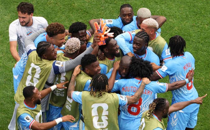 (260618) -- HOUSTON, June 18, 2026 -- Members of the Democratic Republic of the Congo (DRC) celebrate a goal during the group K match between Portugal and the Democratic Republic of the Congo (DRC) at the 2026 FIFA World Cup, WM, Weltmeisterschaft, Fussball at Houston Stadium in Houston, the United States, June 17, 2026. ) (SP)U.S.-HOUSTON-FOOTBALL-FIFA WORLD CUP-GROUP K-POR VS COD XuxZijian 