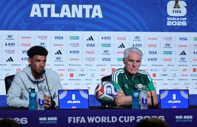 FIFA World Cup, WM, Weltmeisterschaft, Fussball 2026 - South Africa press conference, PK, Pressekonferenz South Africa s head coach Hugo Broos and his player Ronwen Williams (L) attend a press conference in Atlanta, Georgia, USA, 17 June 2026. South Africa will face Czechia on 18 June in a FIFA World Cup 2026 group A match. ATLANTA United States  Copyright: xRONALDxWITTEKx