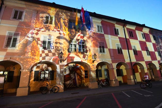 Buildings lit up with Croatian players Historic buildings in the city center were illuminated with the figures of Croatian football players during the England - Croatia match at the World Cup on June 17, 2026 Bjelvoar Croatia  DamirxSpeharx PIXSELL