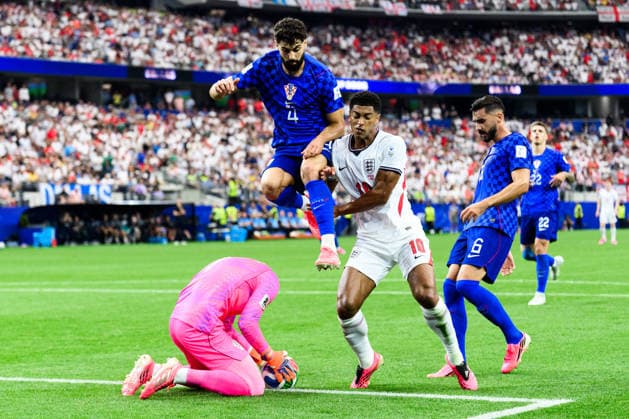 260617 Goalkeeper Dominik Livakovic, Josko Gvardiol and Josip Sutalo of Croatia and Jude Bellingham of England during the FIFA World Cup, WM, Weltmeisterschaft, Fussball 2026 football match between England and Croatia on June 17, 2026 in Dallas. Photo: Joel Marklund BILDBYRAN kod JM JM0826 bbeng fotboll football soccer fotball vm fotbolls-vm fotball-vm fotbolls-vm 2026 fifa world cup 2026 england kroatien croatia