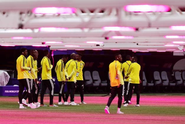 FIFA World Cup, WM, Weltmeisterschaft, Fussball 2026 - South Africa press conference, PK, Pressekonferenz South Africa players inspect under grow light the pitch of the Atlanta Stadium following a press conference in Atlanta, Georgia, USA, 17 June 2026. South Africa will face Czechia on 18 June in a FIFA World Cup 2026 group A match. ATLANTA United States  Copyright: xRONALDxWITTEKx