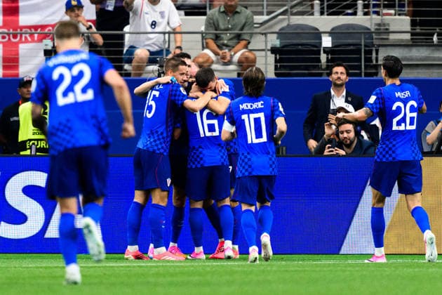 260617 Martin Baturina and teammates of Croatia celebrate 1-1 during the FIFA World Cup, WM, Weltmeisterschaft, Fussball 2026 football match between England and Croatia on June 17, 2026 in Dallas. Photo: Joel Marklund BILDBYRAN kod JM JM0826 bbeng fotboll football soccer fotball vm fotbolls-vm fotball-vm fotbolls-vm 2026 fifa world cup 2026 england kroatien croatia jubel