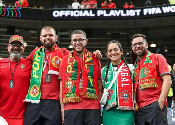 HOUSTON, TX - JUNE 17: Portugal fans pose for photo during the FIFA World Cup, WM, Weltmeisterschaft, Fussball 2026 Group K match between Portugal and Congo DR on June 17, 2026 at Houston Stadium in Houston, Texas.(Photo by Leslie Plaza Johnson Icon Sportswire) SOCCER: JUN 17 FIFA World Cup 26 Group K - Portugal vs Congo DR EDITORIAL USE ONLY Icon260617041