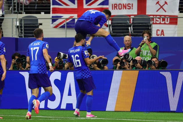 Martin Baturina of Croatia celebrates scoring with Ivan Perisic of Croatia jumping over the top during the FIFA World Cup, WM, Weltmeisterschaft, Fussball 2026 match between England and Croatia at AT&T Stadium, Dallas, USA on 17 June 2026. Copyright: xPeterxDovganx 45080037