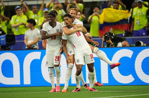 Jude Bellingham (England) scores and celebrates his teams third goal during England and Croatia, Group L FIFA World Cup, WM, Weltmeisterschaft, Fussball 2026, Dallas Stadium, Arlington, United States on June 17, 2026. Thor Wegner DeFodi Images. (Photo by DeFodi Images) -