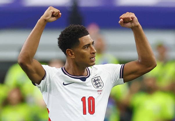 England s Jude Bellingham celebrates after scoring against Croatia in the second half during a FIFA World Cup, WM, Weltmeisterschaft, Fussball match at AT&T Stadium in Dallas, Texas, on Wednesday, June 17, 2026.  DAL20260617920 CHRISTIANxBRUNSKILL
