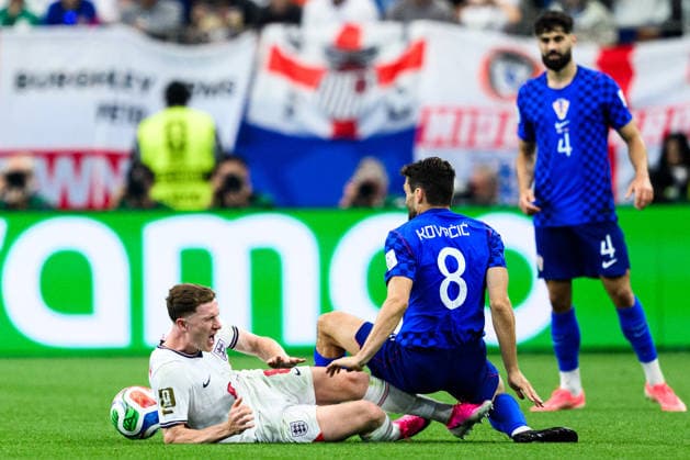 260617 Elliot Anderson of England and Mateo Kovacic of Croatia during the FIFA World Cup, WM, Weltmeisterschaft, Fussball 2026 football match between England and Croatia on June 17, 2026 in Dallas. Photo: Joel Marklund BILDBYRAN kod JM JM0826 bbeng fotboll football soccer fotball vm fotbolls-vm fotball-vm fotbolls-vm 2026 fifa world cup 2026 england kroatien croatia