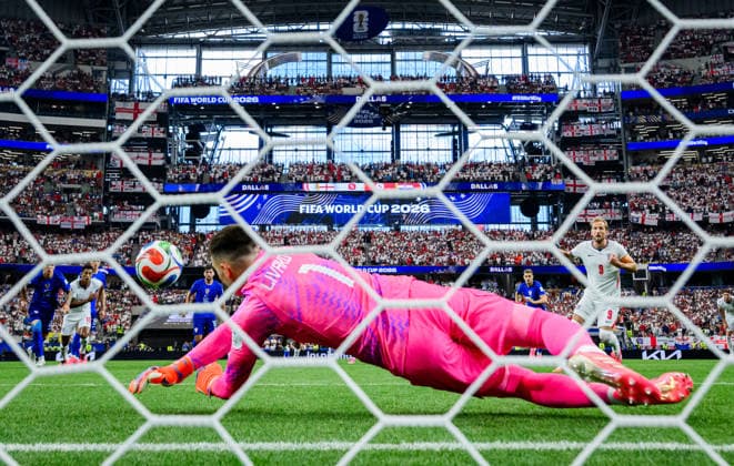 260617 Goalkeeper Dominik Livakovic of Croatia saves a penalty from Harry Kane of England during the FIFA World Cup, WM, Weltmeisterschaft, Fussball 2026 football match between England and Croatia on June 17, 2026 in Dallas. Photo: Joel Marklund BILDBYRAN kod JM JM0826 bbeng fotboll football soccer fotball vm fotbolls-vm fotball-vm fotbolls-vm 2026 fifa world cup 2026 england kroatien croatia