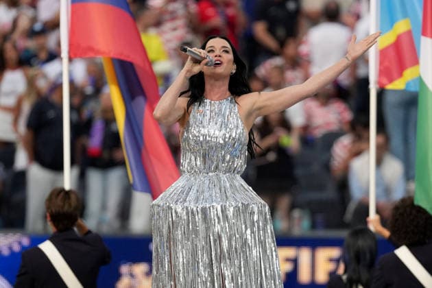 US singer-songwriter Katy Perry sings the national anthem ahead of the 2026 World Cup Group D football match between USA and Paraguay at the Los Angeles Stadium in Inglewood on June 12, 2026. Photo by AyanoMiura AFLO Noxthirdxpartyxsales  aflo_334334564 AyanoMiurax