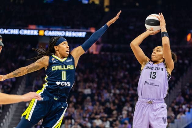 SAN FRANCISCO, CA - JUNE 17: Janelle Salaun 13 of the Golden State Valkyries scores against Sug Sutton 0 of the Dallas Wings during a WNBA, Basketball Damen, USA Commissioner™s Cup game on June 17, 2026 at Chase Center in San Francisco, CA. (Photo by Matthew Huang Icon Sportswire) WNBA: JUN 17 Dallas Wings at Golden State Valkyries EDITORIAL USE ONLY Icon260617005