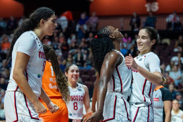 UNCASVILLE, CT - JUNE 17: Lauren Betts 51 of the Washington Mystics and Michaela Onyenwere 12 of the Washington Mystics and Sonia Citron 22 of the Washington Mystics react during the WNBA, Basketball Damen, USA game between the Washington Mystics and the Connecticut Sun on June 17, 2026 at Mohegan Sun Arena in Uncasville, CT. (Photo by Erica Denhoff Icon Sportswire) WNBA: JUN 17 Washington Mystics at Connecticut Sun EDITORIAL USE ONLY Icon26061714