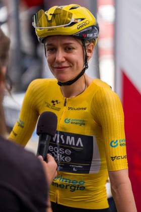 Locarno, Switzerland - JUNE 18: Femke De Vries of Team Visma Lease a Bike give interview on June 18, 2026 in Locarno, Switzerland.